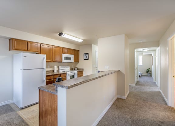 our apartments offer a spacious kitchen with stainless steel appliances and wood cabinets. large kitchen with white fridge