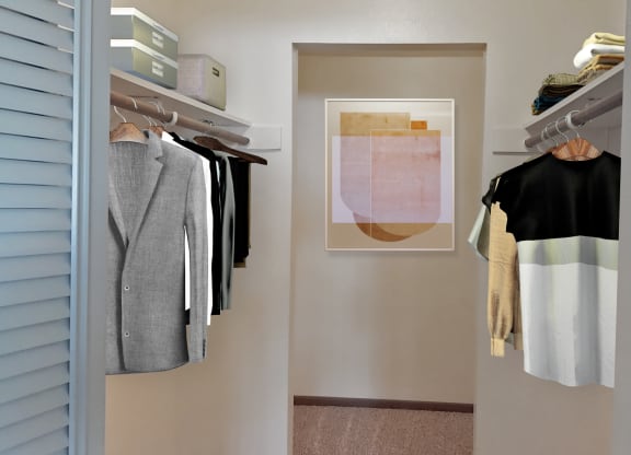 Walk-in closet, carpeted, with shelving, closet rod, staged with clothes on hangers, framed art.at Laurel Park, Twin Falls, ID