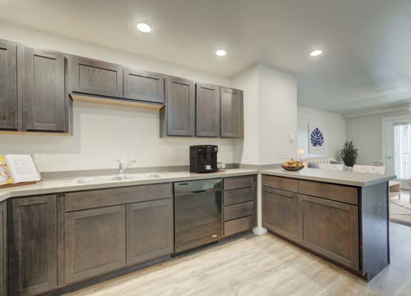 a kitchen with wooden cabinets and a counter top and a sink at Madison Park, Bozeman