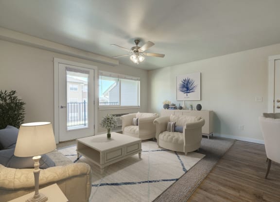 a living room with white furniture and a ceiling fan at Madison Park, Bozeman, MT, 59718