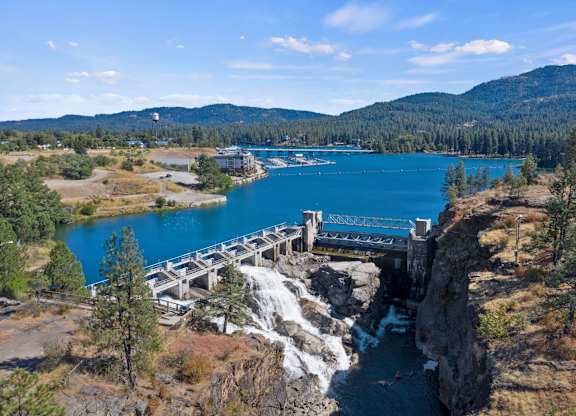 The Post Falls Dam in Idaho next to The Overlook Apartments