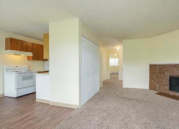Spacious carpeted living room divided by wall with double door closet opposite a fireplace and mantle.