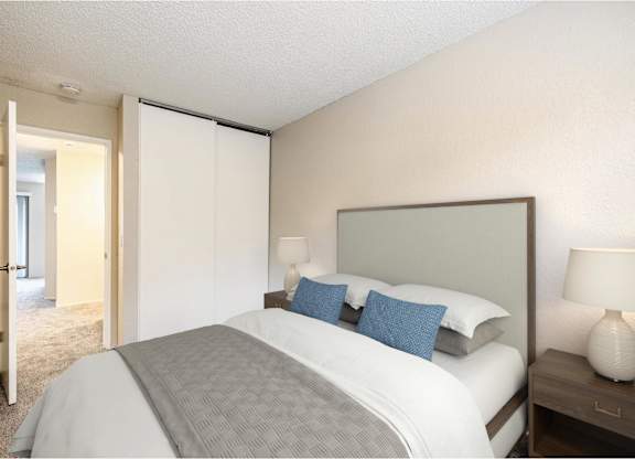 Bedroom in a two-bedroom, one-bath apartment at Peak 88 Apartments in Renton, WA