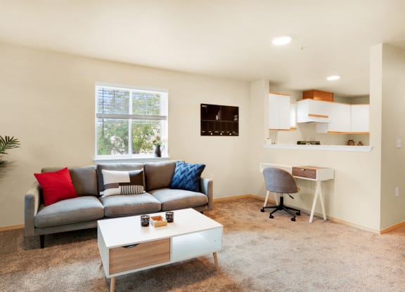 a living room with a couch and a coffee table at Sky Vue, Bellingham, WA 98229