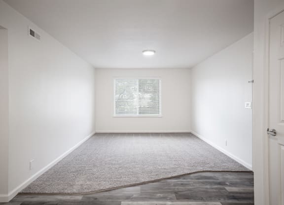 a room with white walls and a white carpet and a window