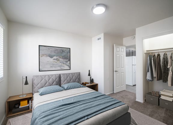 a bedroom with a bed and a closet at Summit, Pocatello, ID 83201