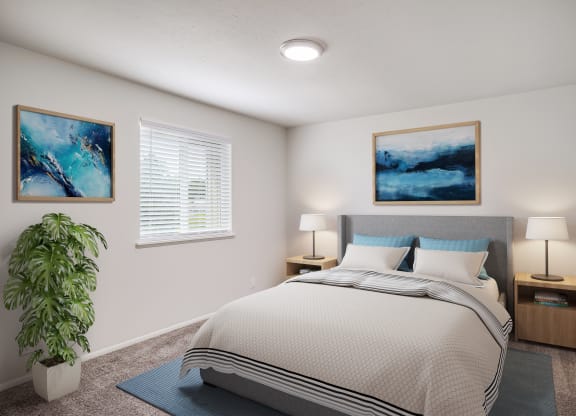 our apartments offer a bedroom with a bed and a potted plant