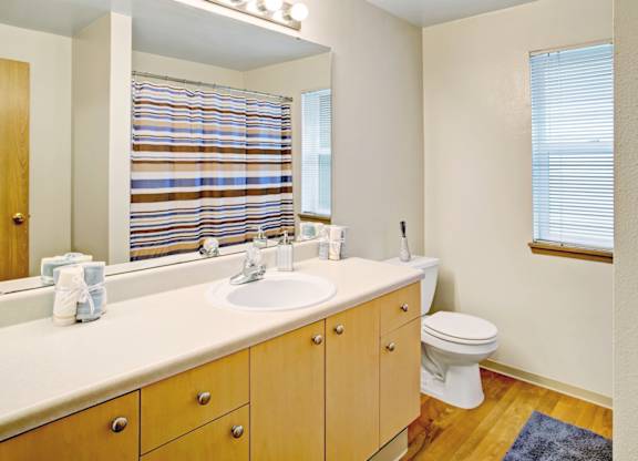 A bathroom with a toilet, sink, and mirror.