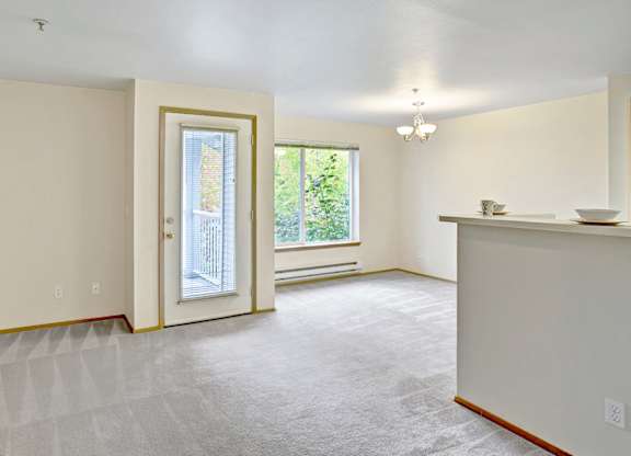 A room with a carpeted floor and a window with a view of a fence and trees.