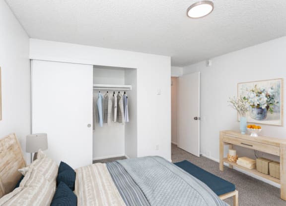a bedroom with a bed and a closet with clothes in it