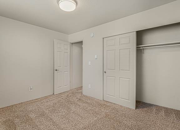 A room with two doors and a carpeted floor.