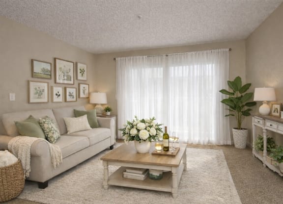 Room with beige sofa and white curtains at Roseville Commons Senior Living Apartments, Roseville, CA