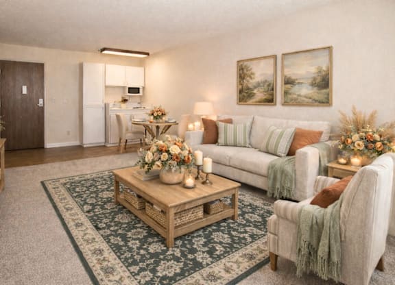 Furnished room with kitchenette area at Hilltop Commons Senior Living Apartments, Grass Valley