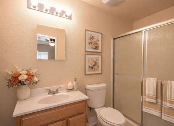 Bathroom with shower and vanity at Castle Vista Senior Duplex Community Apartments, Atwater, California