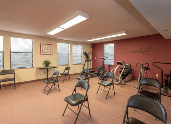 our fitness room is equipped with a variety of exercise equipment at Hilltop Commons Senior Living, Grass Valley, CA 95945