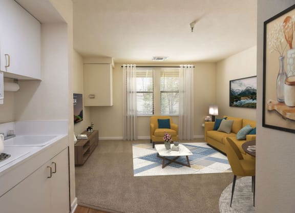 a living room and kitchen with a couch and a table at Hilltop Commons Senior Living, Grass Valley, 95945