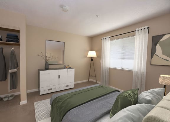 a bedroom with a bed and a dresser and a window at Roseville Commons Senior Living, Roseville