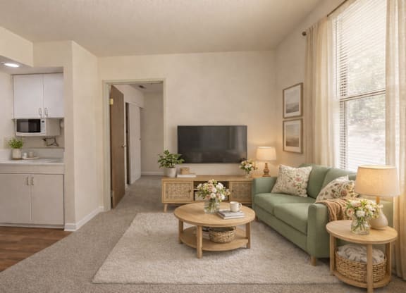 Room with green sofa and entertainment center at Hilltop Commons Senior Living Apartments, Grass Valley, California
