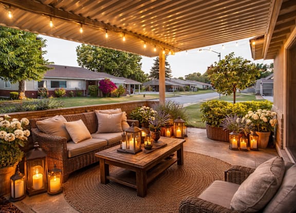 Covered patio with wicker furniture and candle lanterns at Castle Vista Senior Duplex Community Apartments, Atwater, 95301