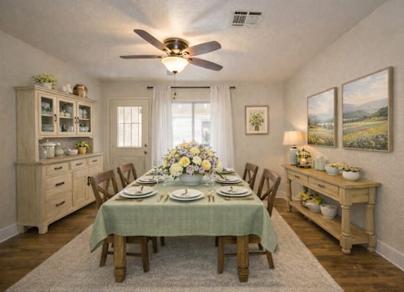 Formal dining room with farmhouse table and sage tablecloth at Castle Vista Senior Duplex Community Apartments, Atwater, California