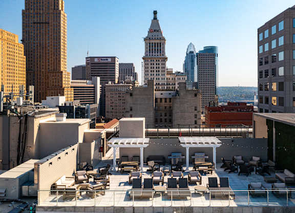 a rooftop terrace with a view of the city at Textile Apartments, Cincinnati, OH