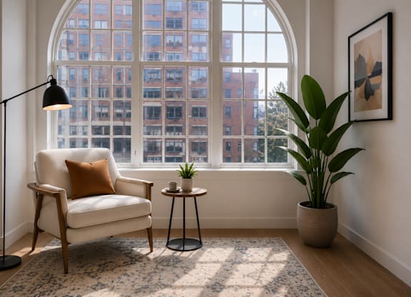 A living room with a chair, a table, a potted plant, and a framed picture on the wall.