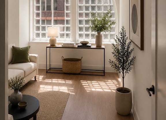 A living room with a couch, a table, a potted plant, and a window with a view of a building.