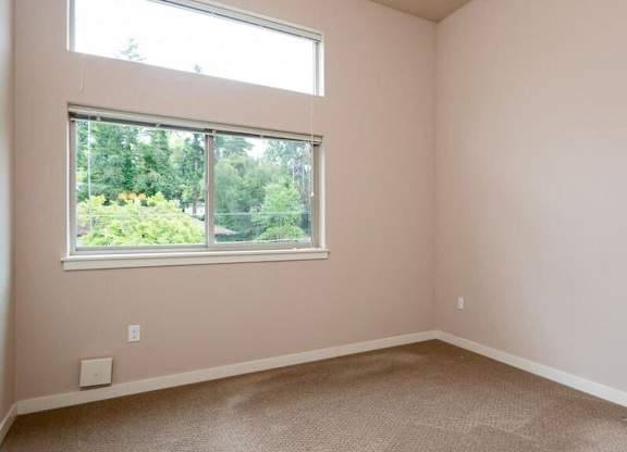 an empty bedroom with a window and carpeting