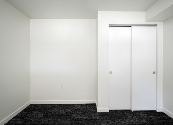 a room with black carpet and white walls and a closet