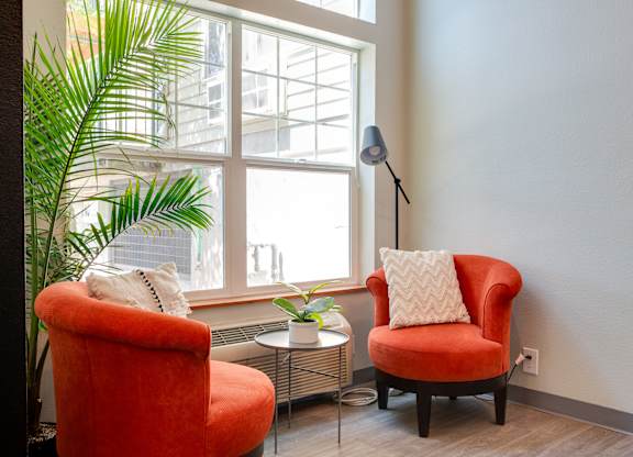 Two red chairs with pillows in front of a window with a plant.