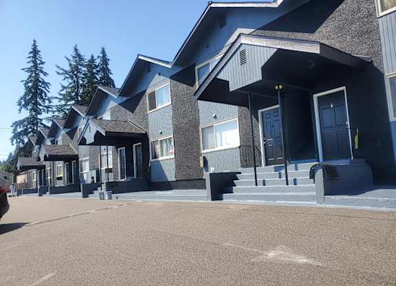 A row of houses with grey and black exterior.
