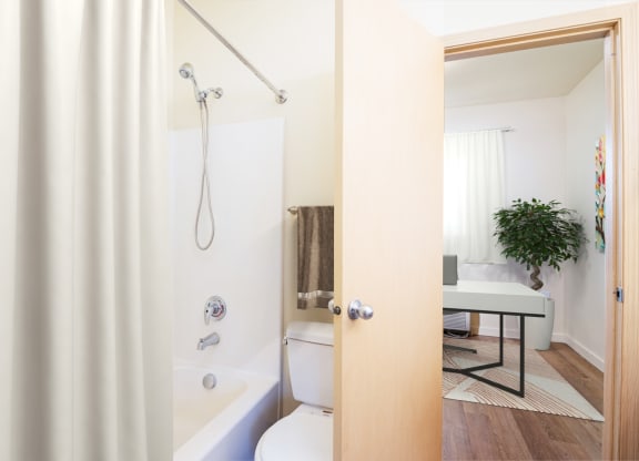 a white bathroom with a shower and a toilet