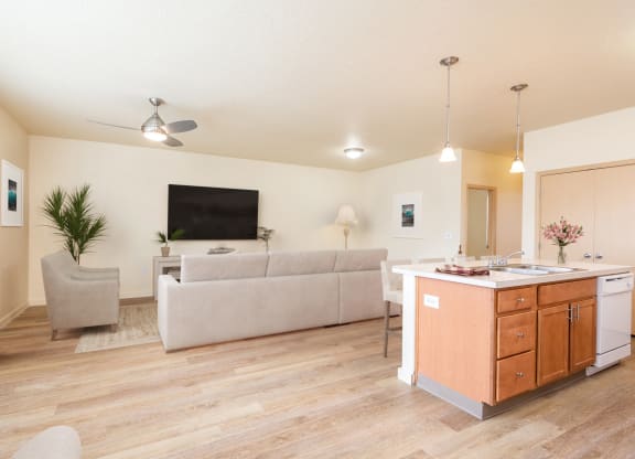 a living room with a couch and a kitchen