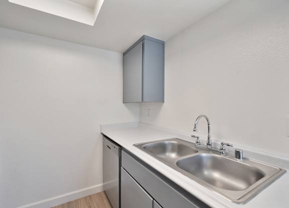 A kitchen with a sink and a cabinet.