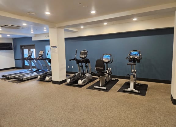 a gym with cardio equipment in a large room with a blue wall