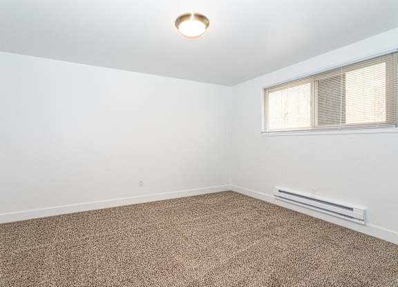 A room with a carpeted floor and a window with blinds.