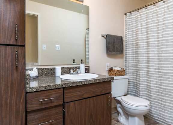 Model Bathroom with wood cabinetry and large mirror