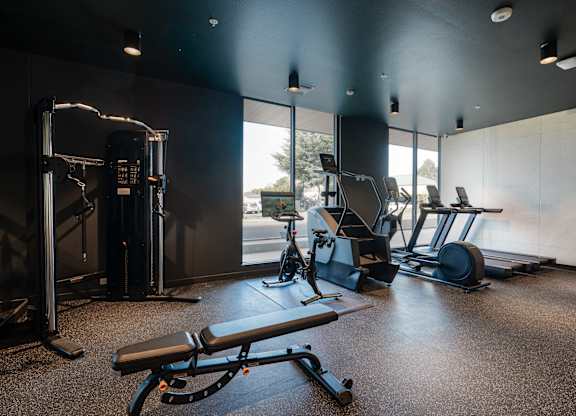 A gym with a variety of equipment including a treadmill, a bench press, and a squat rack.