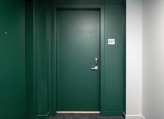 A green door with a silver handle and a number 437 on the wall.