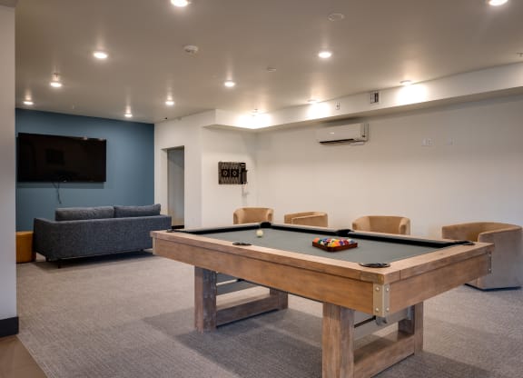 a games room with a pool table and a tv
