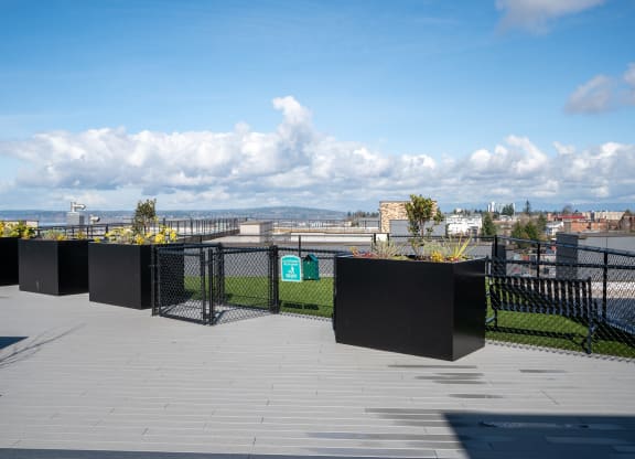 a rooftop patio with a view of the city