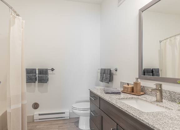 A bathroom with a toilet, sink, and shower.