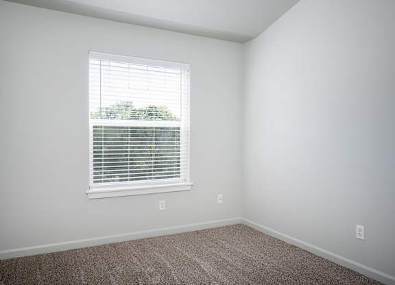 A room with a window covered by white blinds.