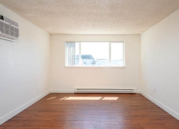 A room with a window and a radiator on the floor.