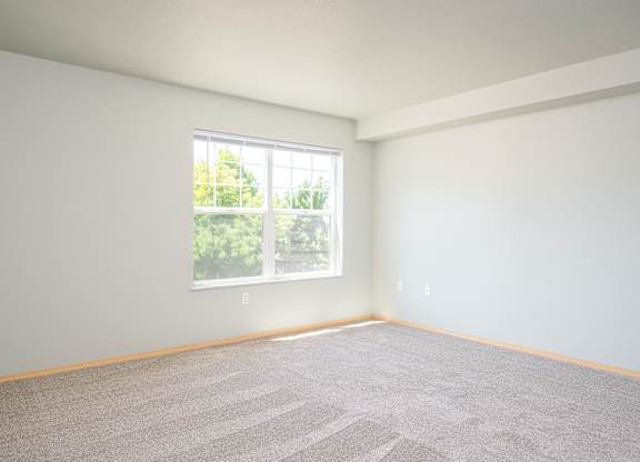 A room with a large window and carpeted floor.