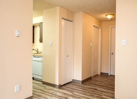 A hallway with a kitchen visible through the doorway.