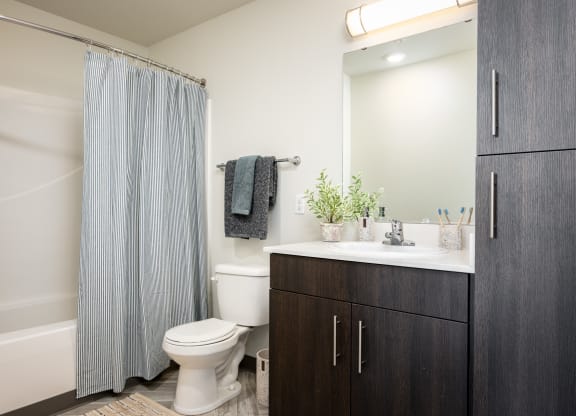 a bathroom with a shower and a toilet and a sink