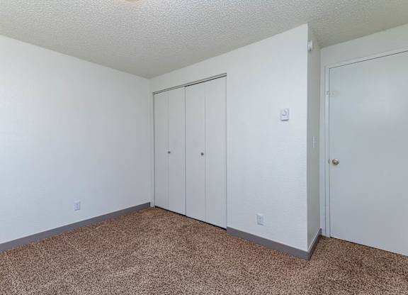 A room with two white doors and a carpeted floor.