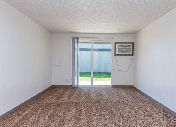A room with a brown carpet and a sliding glass door leading to a backyard.