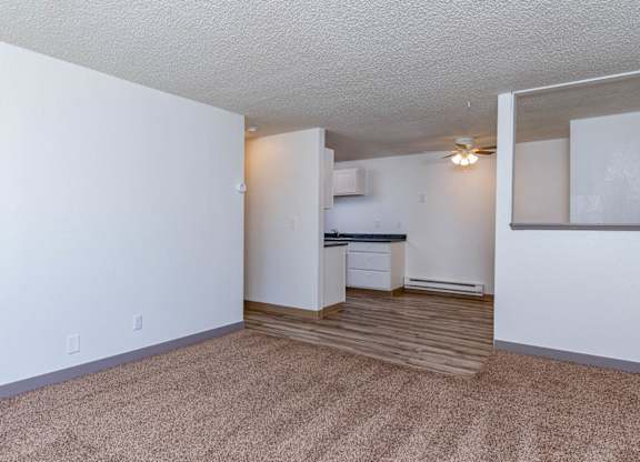 A room with a carpeted floor and a kitchen area in the background.